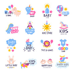 Kids logo. Baby store with toys clothes shoes recent vector cartoon badges templates set isolated