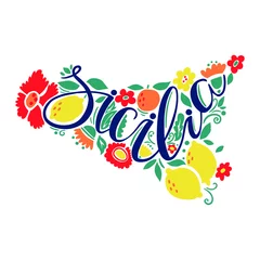 Foto op Plexiglas Handdrawn map of Sicily with colourful flowers. Italian Sicilia island. Visit Italy concept. Poster design or postcard illustration. Business travel card. © aliaross