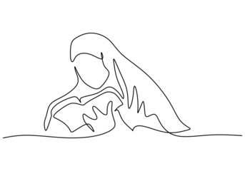 One continuous single line of woman recite Quran isolated on white background.