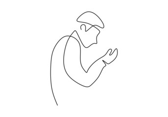 One continuous single line of man praying isolated on white background.