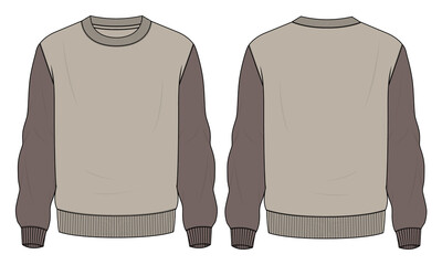 Two tone Khaki ColorLong sleeve Sweatshirt technical fashion flat sketch vector illustration  template front and back views. Fleece jersey sweatshirt sweater jumper for men's and boys.