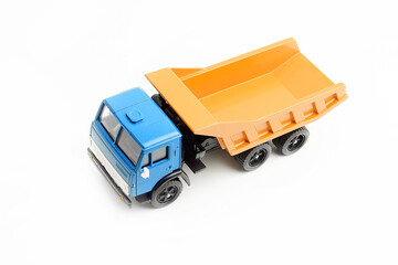 Toy model of Russian truck KAMAZ, isolated on white background. Top view.