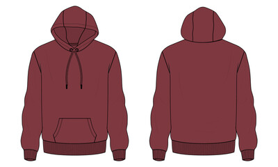 Long Sleeve Hoodie technical fashion flat sketch vector illustration Red Color template front and back views. Fleece jersey sweatshirt hoodie mock up for men's and boys.