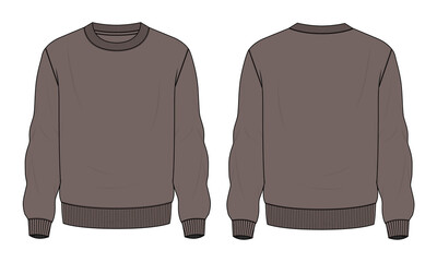 Long sleeve Sweatshirt technical fashion flat sketch vector illustration Khaki Color template front and back views. Fleece jersey sweatshirt sweater jumper for men's and boys.