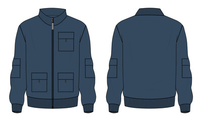 Long sleeve jacket with pocket and zipper technical fashion flat sketch vector illustration Navy blue Color template front and back views. Fleece jersey sweatshirt jacket for men's and boys.