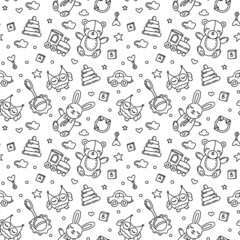 Childrens seamless pattern with cute teddy bears, bunnies and toys. Cartoon vector linear print with rattle, owls and animals