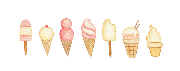 Watercolor isolated illustration with ice cream. Hand drawn ice cream elements set.