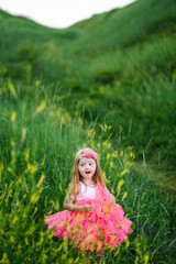 Fototapeta na wymiar The little girl in a pink dress walks barefoot on the green grass in the field. Portrait of a happy child princess in a park.