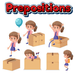 Prepostion wordcard design with girl and boxes