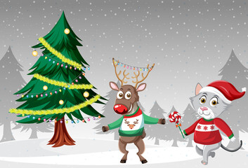 Fototapeta na wymiar Christmas holidays with cat and reindeer