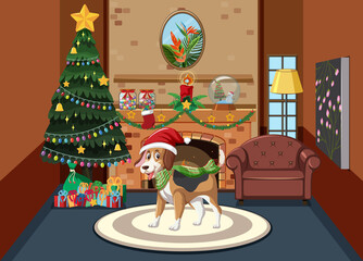 Obraz na płótnie Canvas Christmas holidays with cute dog by fireplace