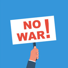 No war protest. Group of people in protest. Posters and Fist and hands up. Black silhouettes of people of Protestants. Concept of revolution and conflict. Vector illustration flat design.