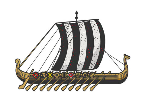 Viking ship color sketch engraving raster illustration. T-shirt apparel print design. Scratch board imitation. Black and white hand drawn image.