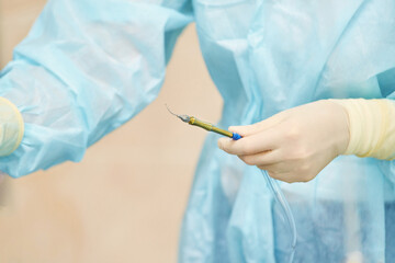 Ophthalmology laser microscope operation. Doctor surgery equipment in clinic. Patient eye...