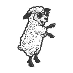 Happy dancing sheep sketch engraving raster illustration. T-shirt apparel print design. Scratch board imitation. Black and white hand drawn image.