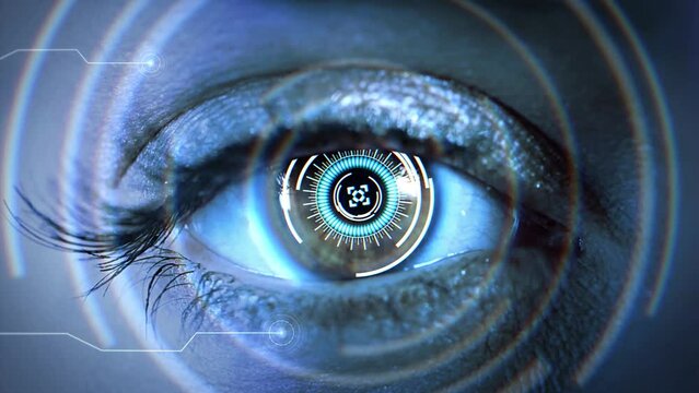 Futuristic vision Human eye and high-tech concept Loop Animation HUD. and control and protection of persons, control and security in the accesses. surveillance system, eye panel technology
