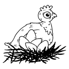 Chicken in the nest sketch drawing. Vector illustration of a chicken in the nest.