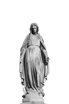 Virgin Mary ancient statue isolated on white background. Black and white image.