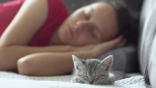 Happy young woman with her adorable tabby kitten sleeping on the sofa at home