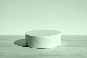Podium for cosmetic product presentation. Abstract minimal geometrical form. Cylinder stone sphere one form, shadow. Scene to show products. Showcase, display. Trendy sunlight. Front view. 3D