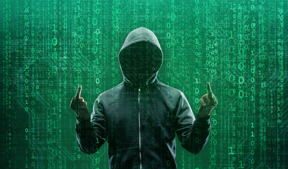 Hacker over Abstract Digital Background with Elements of Binary Code and Computer Programs. Concept of Data thief, internet fraud, darknet and cyber security.