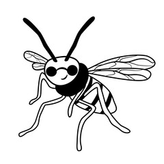 cute funny black and white cartoon vector character wasp illustration for coloring art