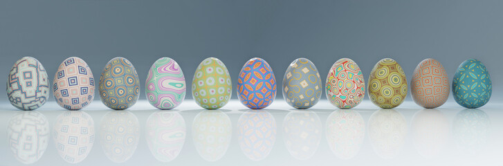 Colorful eggs, Easter holiday. Multicolored print patterns, next to it lies the shell of an egg with a yolk. 3D render. A hare peeks out among the eggs
