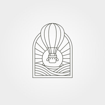 recommend clip art: hot air balloon line art logo vector symbol illustration design, hot air balloon with ocean sunset landscape design
