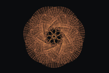 Orange floral pattern of curved lines on a black background. Abstract image. 3D fractal rendering