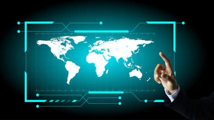 Male businessman hand extending in the world map and the glowing background. Abstract images in the business sector.