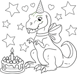 Cute tyrannosaurus with birthday cake. Vector outline for coloring book