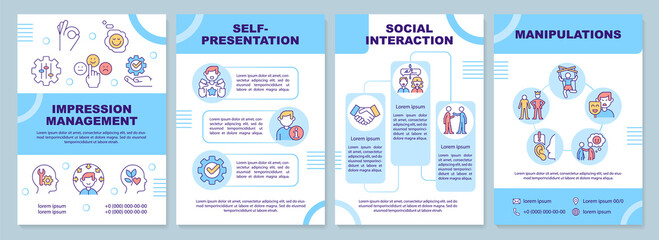 Impression management techniques blue brochure template. Leaflet design with linear icons. 4 vector layouts for presentation, annual reports. Arial-Black, Myriad Pro-Regular fonts used
