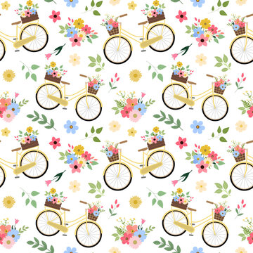 Vintage yellow bicycle with colorful spring flower bouquets seamless pattern. Isolated on white background. Romantic spring design for background, textile.