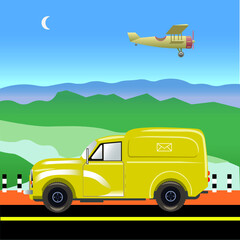 Obraz na płótnie Canvas Minimalist flat style vector illustration of a landscape with yellow retro car moving by the road against the background of mountains and an airplaine in the blue sky, postal service, mail delivery.
