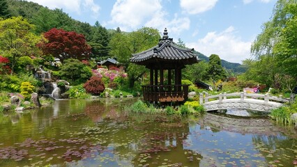 Bridge and pagoda over garden pond