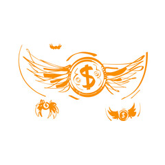 Coin with wings. Fly dollar. Money flying. Metaphor of spending money. Vector illustration sketch design. Isolated on background.