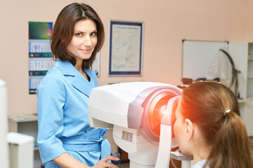 ophthalmologist medical patient. Eye clinic treatment. Hospital optics equipment. Choosing vision...