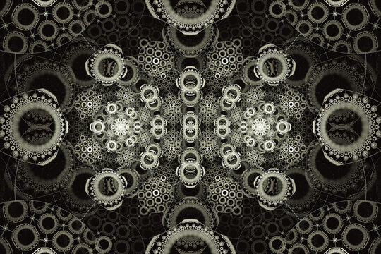 Gray ornamental pattern of crooked circles on a black background. Abstract image. 3D fractal rendering