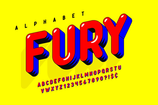 Trendy 3d comical design, colorful alphabet, typeface. Color swatches control. 12 degree skew