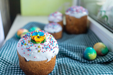 easter cake with willow twigs and blue , lilac eggs on a dark background