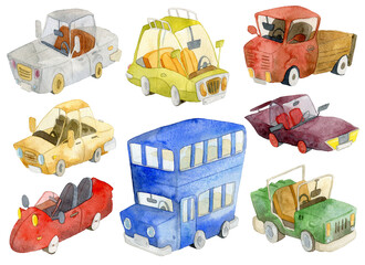 Cartoon cars collection. Comic transportation set. Isolated objects on white background. Watercolor illustration