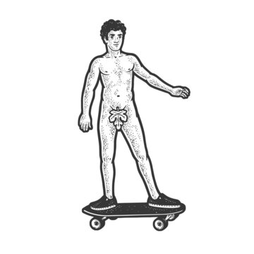 Naked first human Adam rides a skateboard sketch engraving raster illustration. T-shirt apparel print design. Scratch board imitation. Black and white hand drawn image.