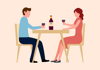 Young couple having romantic dinner together in flat design.