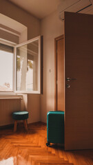 Travel suitcase behind the open door of hotel apartment room