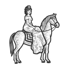 Old fashioned girl riding horse sketch engraving raster illustration. T-shirt apparel print design. Scratch board imitation. Black and white hand drawn image.