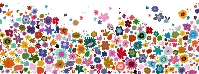 Seamless border with simple colorful flowers. Decorative garden florals in gouache style. Vector illustration