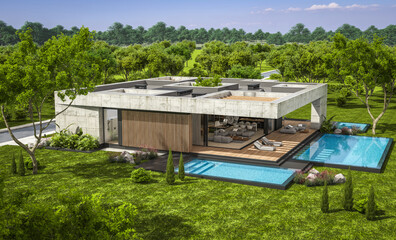 Obraz premium 3d rendering of new concrete house in modern style with pool and parking for sale or rent and beautiful landscaping on background. The house has only one floor. Summer sunny day with clear blue sky.
