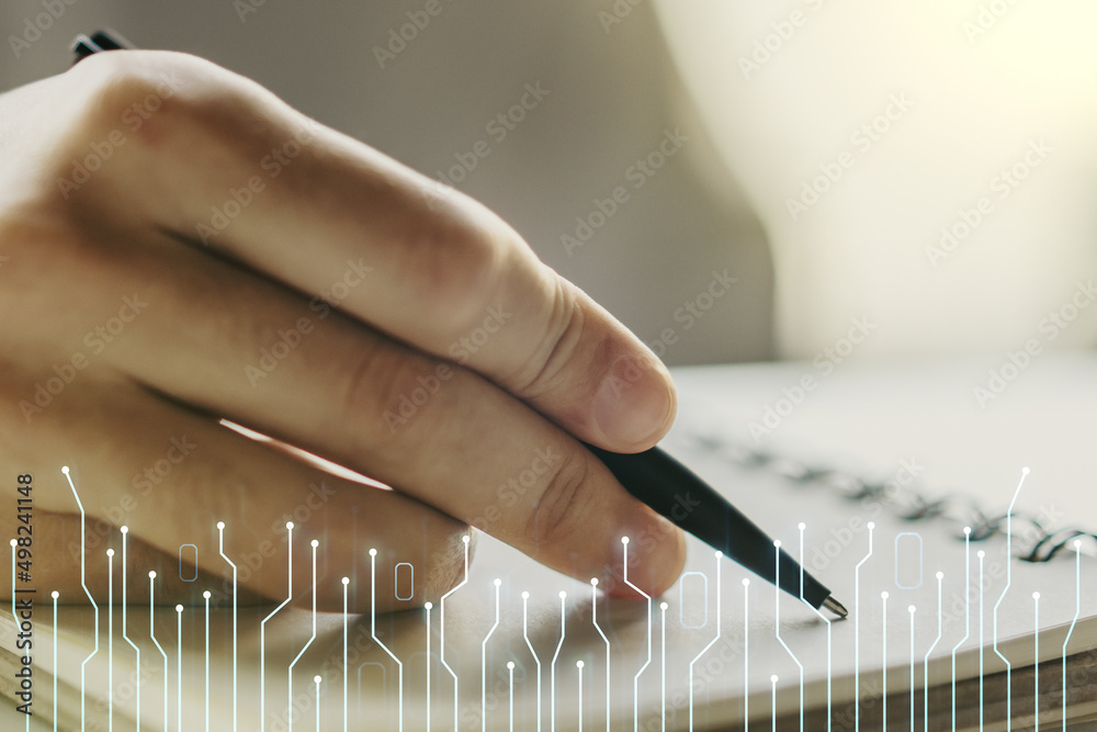 Poster creative abstract micro circuit sketch and man hand writing in notepad on background, future technol