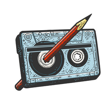 recommend clip art: Pencil rewinds Compact Cassette tape color sketch engraving raster illustration. T-shirt apparel print design. Scratch board imitation. Black and white hand drawn image.