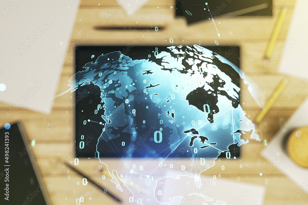 Poster multi exposure of abstract graphic coding sketch with world map and modern digital tablet on desktop